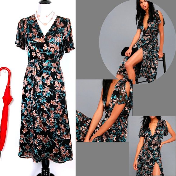 Lulus Dresses & Skirts - Lulu's Black Velvet Floral Print Wrap Dress Sz M